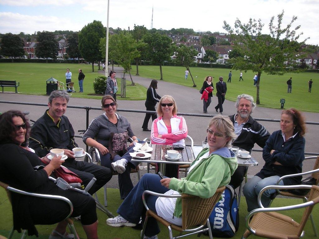 Coffee and cake on a café table on the pavilion terrace